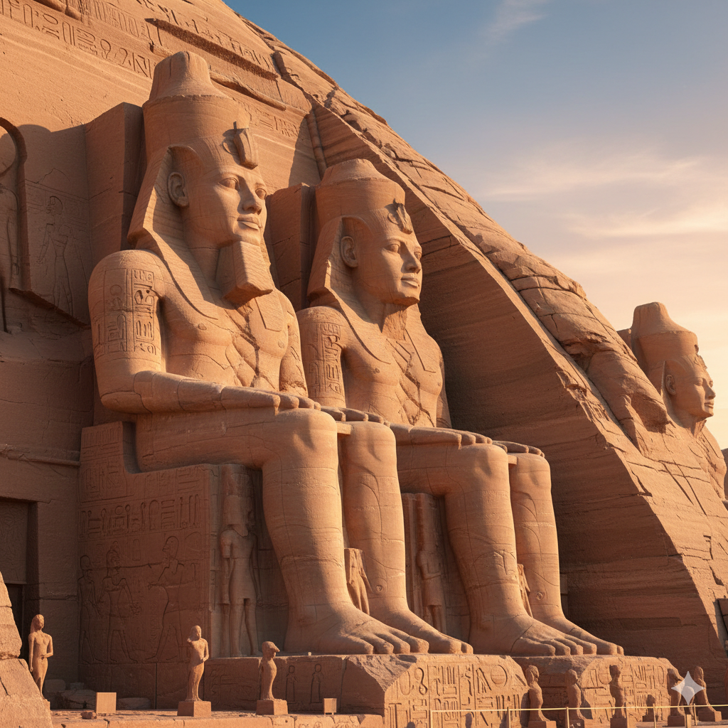 Colossal seated statue of Ramses II at Abu Simbel entrance