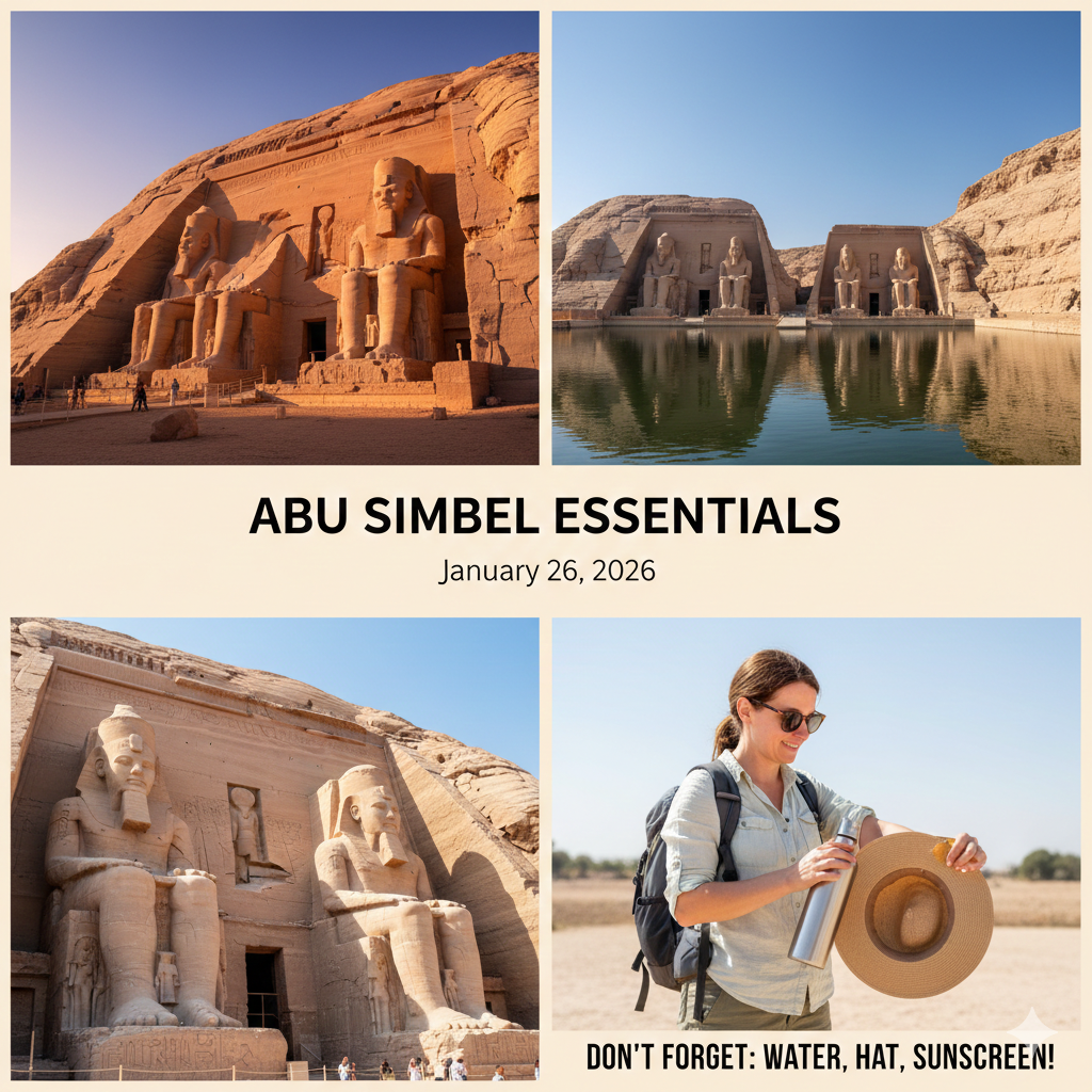 What to pack for Abu Simbel visit water, hat, sunscreen