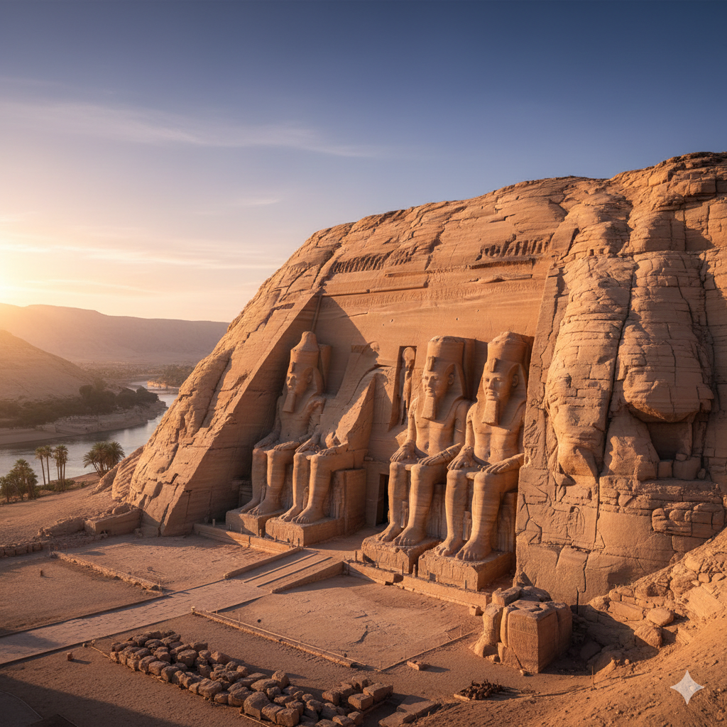 Abu Simbel Great Temple façade of Ramses II in early morning light