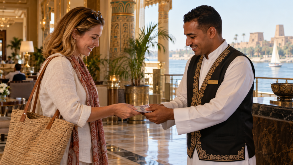 Traveler giving a cash tip to an Egyptian hotel staff member at a Nile-side hotel