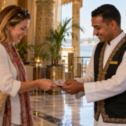 Traveler giving a cash tip to an Egyptian hotel staff member at a Nile-side hotel